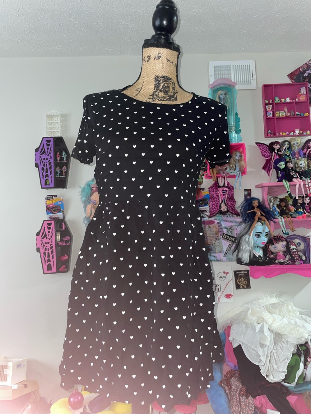 Divided Black Mini Dress with White Heart Print